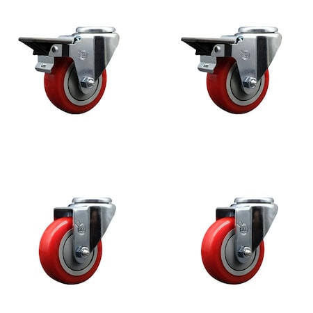 Service Caster 3.5'' Red Poly Wheel Swivel Bolt Hole Caster Set with 2 Posi Lock Brakes, 4PK SCC-BH20S3514-PPUB-RED-PLB-2-S-2